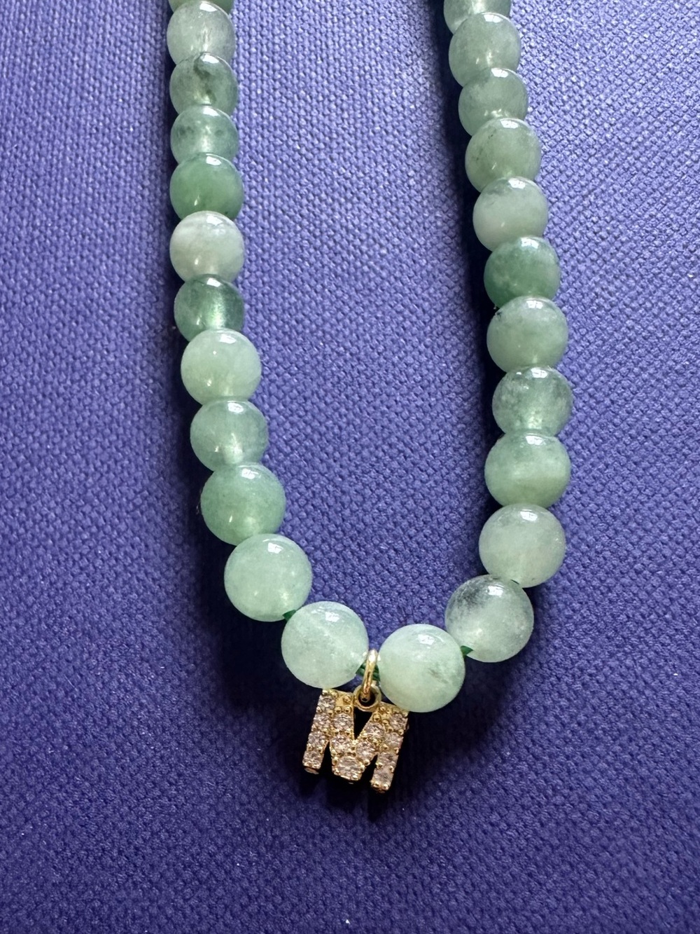 Personalized Green Jade Beaded Necklace with Gold Initial M Charm